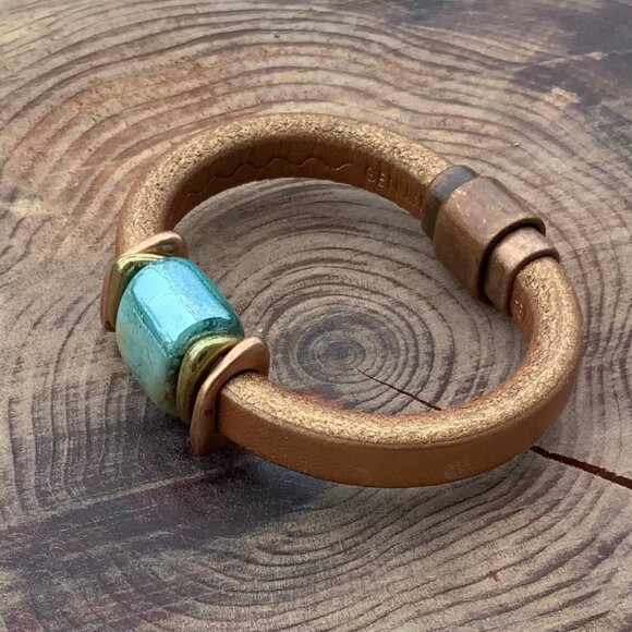 Artisan Leather Copper & Ceramic Cuff Bracelet Magnetic Closure - Picture 2 of 9